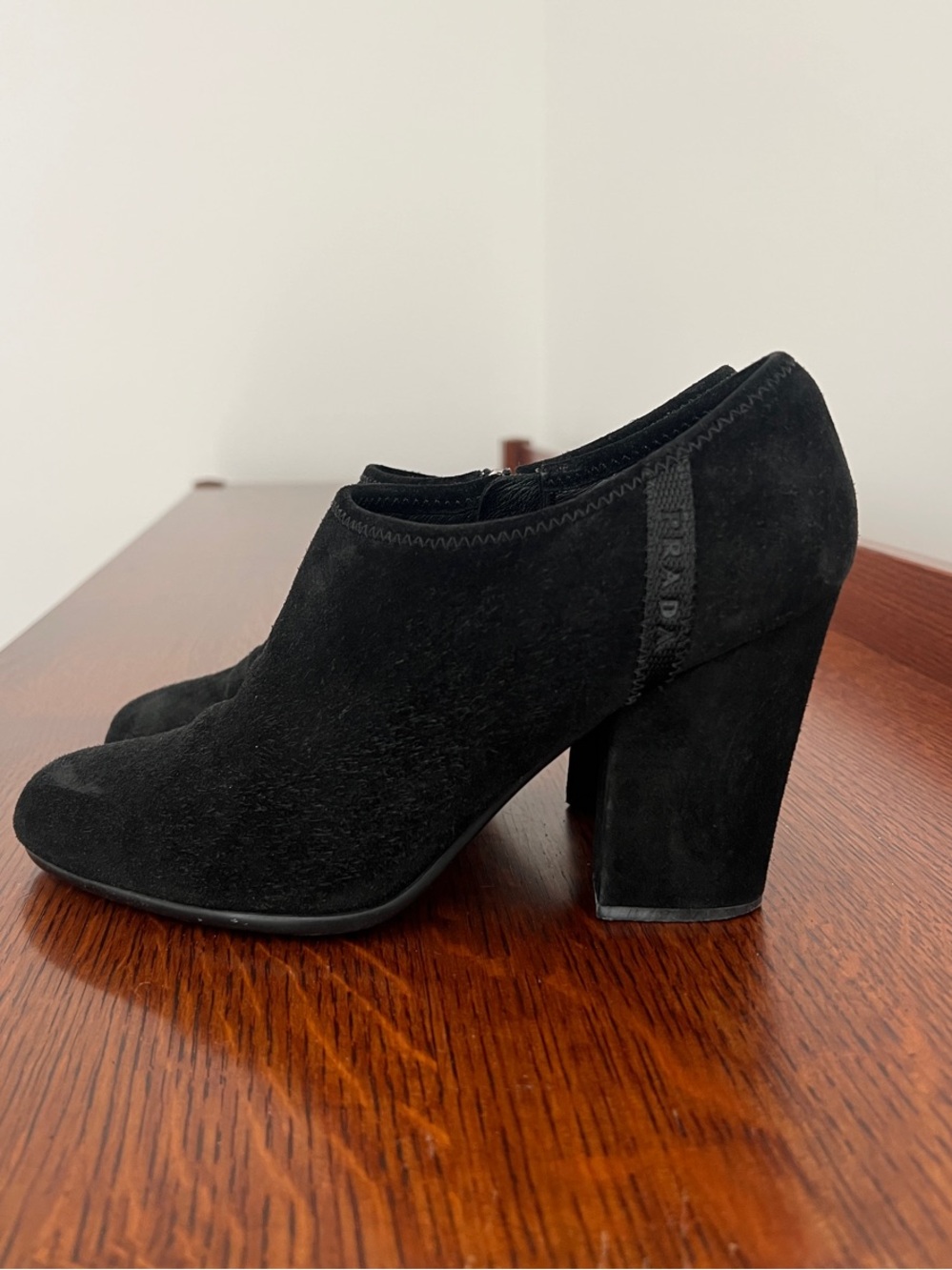 Prada Black Suede High-Block Heel Ankle Boot 3.75” heel